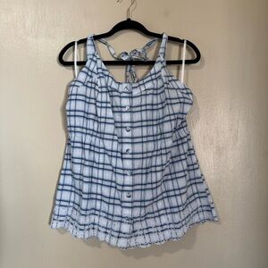 Vintage Y2K blue and white plaid and eyelet halter babydoll top